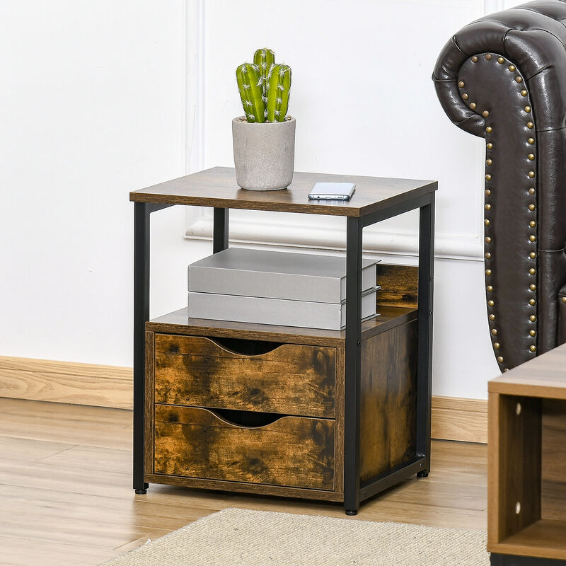 HOMCOM Industrial Side Table, End Table with Storage Shelf and 2 Drawers, Accent Bedside Table with Metal Frame for Living Room, Brown