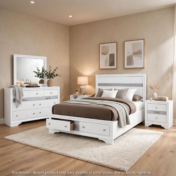 Cevy 5pc Queen Bedroom Set, 2 Nightstands, Silver Accents, White Wood