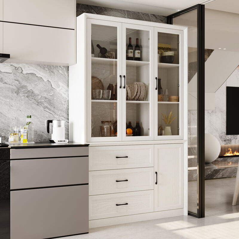 FUFU&GAGA Modern Kitchen Cabinet with 3 Glass Doors, 3 Drawers and Black Handles, (47.4 in. W x 15.7 in. D x 79.6 in. H), White