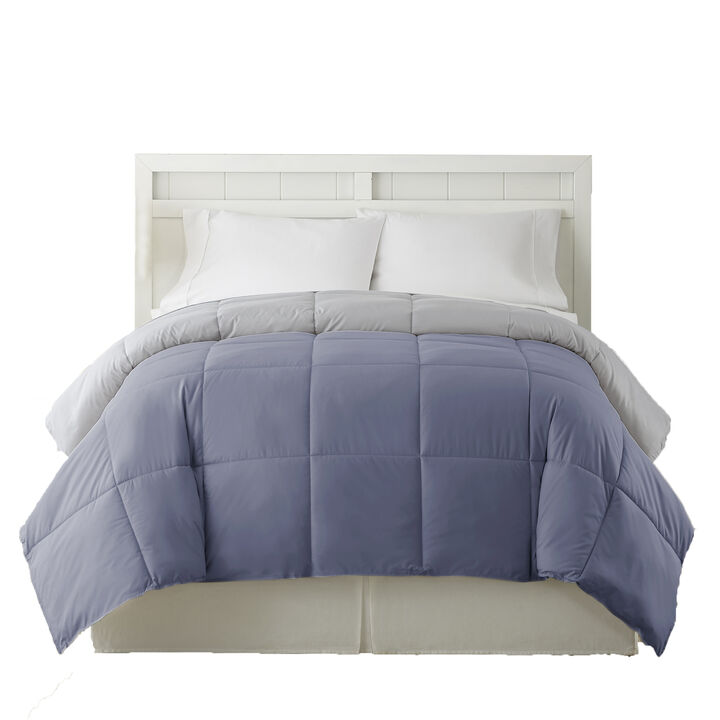 Genoa Reversible King Comforter with Box Quilted The Urban Port, Silver and Blue-Benzara