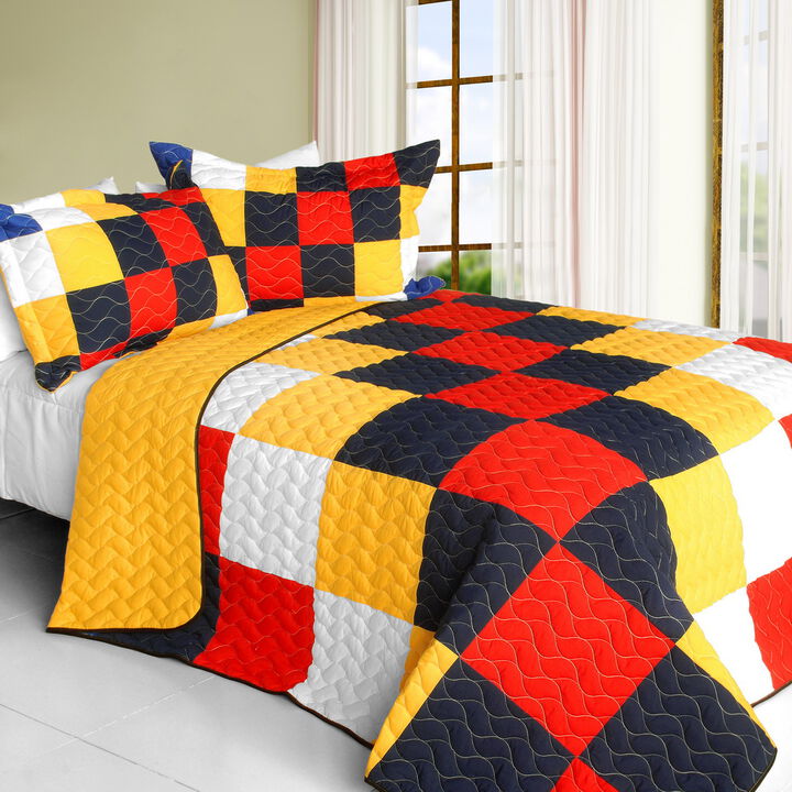 Geometric Patchwork Quilt 3 piece Set with Vermicelli Quilting for All-Season Comfort