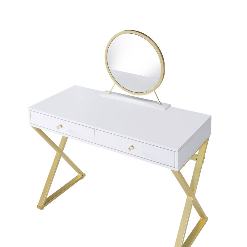 Coleen Vanity Desk w/Mirror & Jewelry Tray in White & Gold Finish