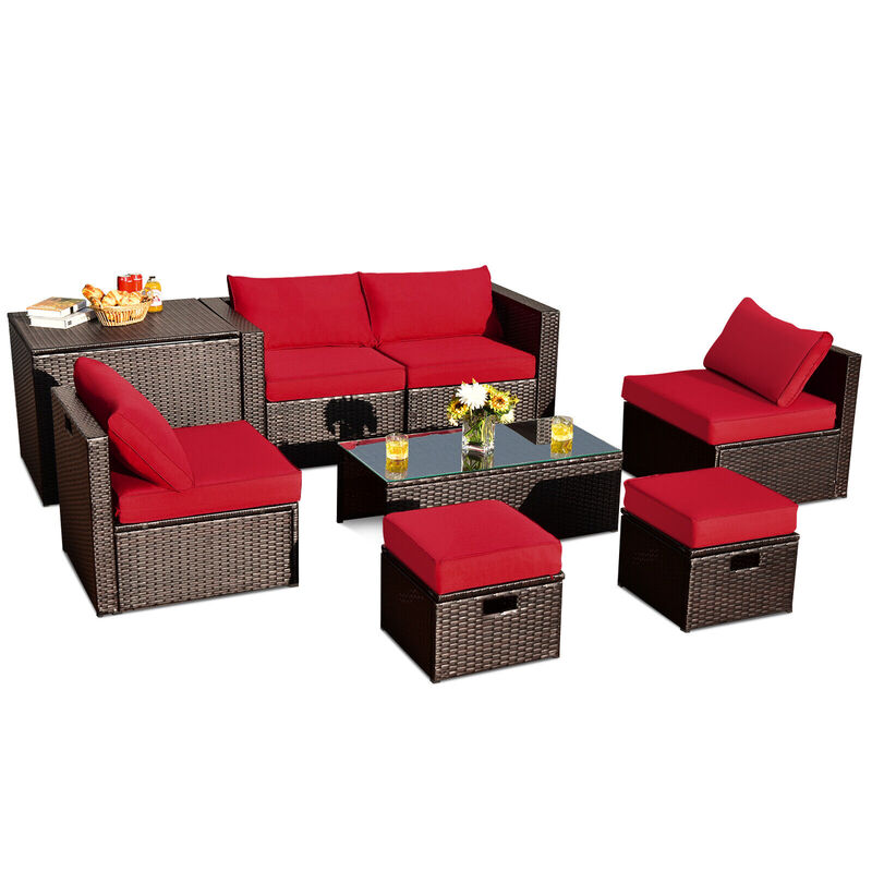 8-Piece Patio Rattan Furniture Set with Storage Box and Waterproof Cover, Outdoor Set