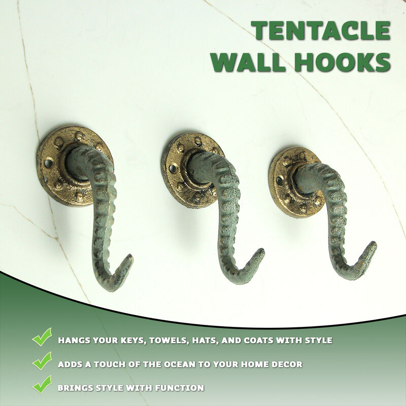 Set of 3 Verdigris Bronze Cast Iron Octopus Tentacle Wall Hooks: Nautical Key Hangers, 4.5 Inches High - Easy to Install - Enhance Your Decor with Coastal Charm image number 2