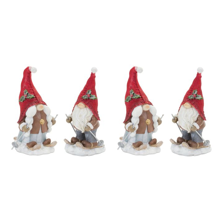 Gnome on Skis Garden Statue for Winter Outdoor Decor (Set of 4)