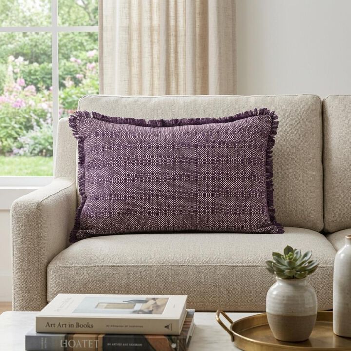 HomeRoots 14" X 20" Purple and White Striped Cotton Throw Pillow With Fringe