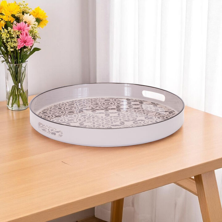 HomeRoots 14" Cream And Gray Geometric Pad Print Round Serving Tray With Handles