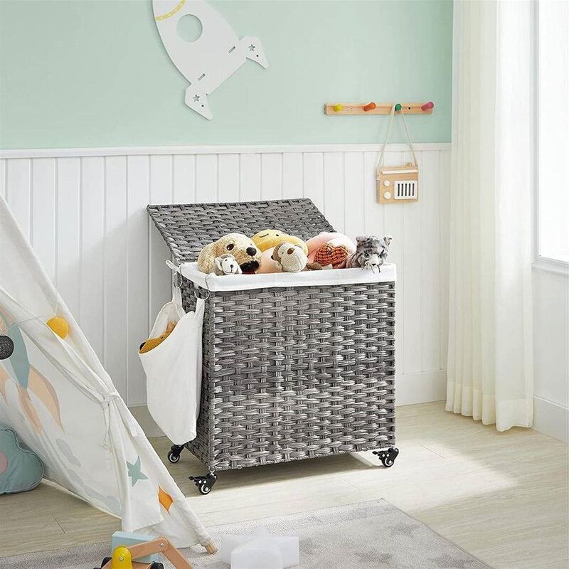 Handwoven PP Rattan 3-Bag Laundry Basket Cart with Cotton Liner on Wheels image number 1