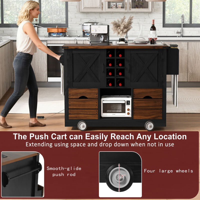 ELEMENT ACE Farmhouse Kitchen Island Cart with Foldable Leaf, Built-In Power Outlet, Ample Storage Drawers and Cabinets image number 4