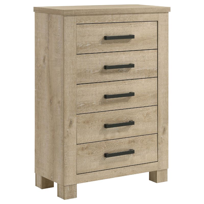 Tyna Tall Dresser Chest with 5 Drawers, Bronze Metal, Weathered Oak Beige image number 2