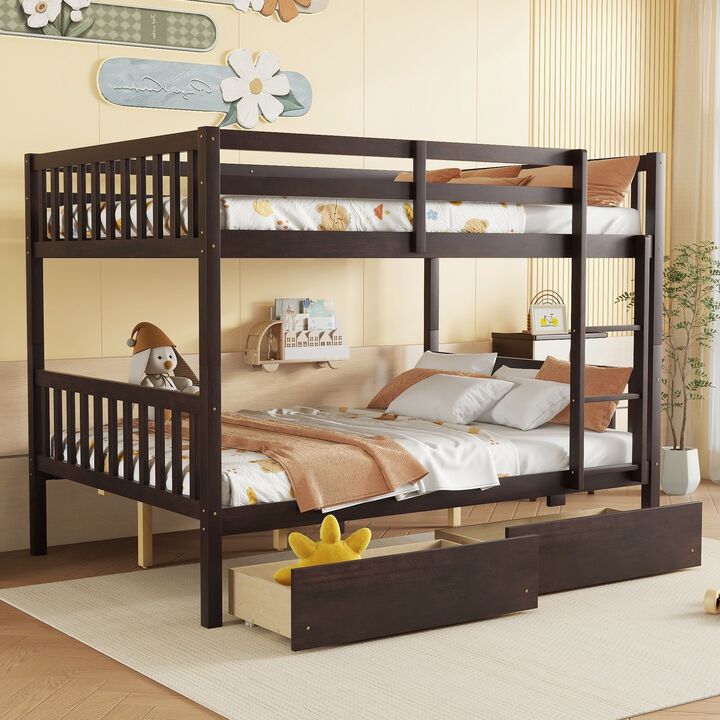 Whisen Convertible Full Over Full Rubber Wood Bunk Bed with 2 Drawers, Ladder and Safety Guardrails
