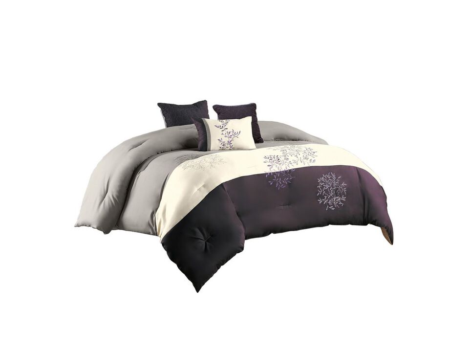 7 Piece King Polyester Comforter Set with Leaf Embroidery, Gray and Purple - Benzara