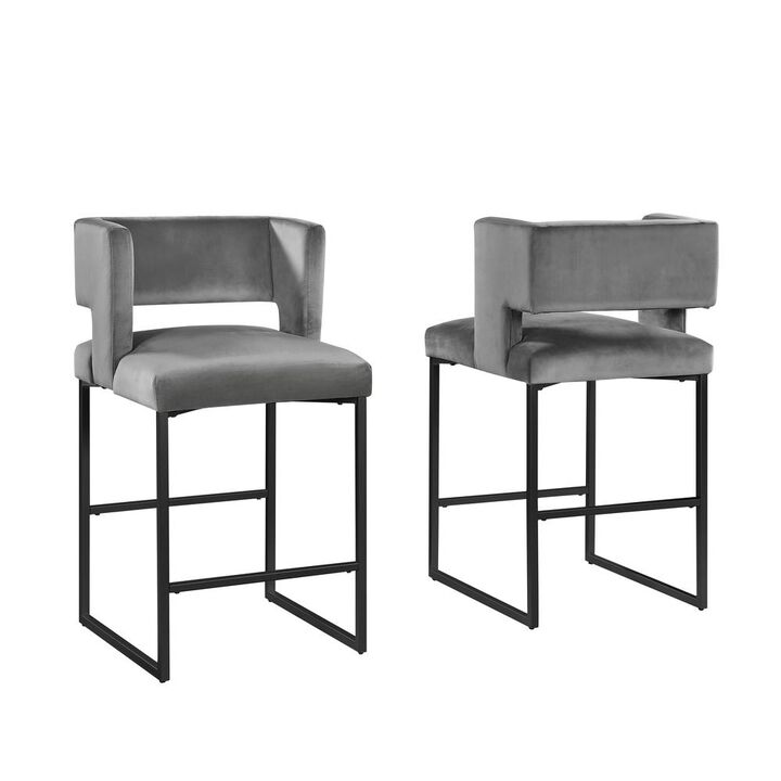 Lynx Gray Velvet Bar Stools in Matte Black (Set of 2)