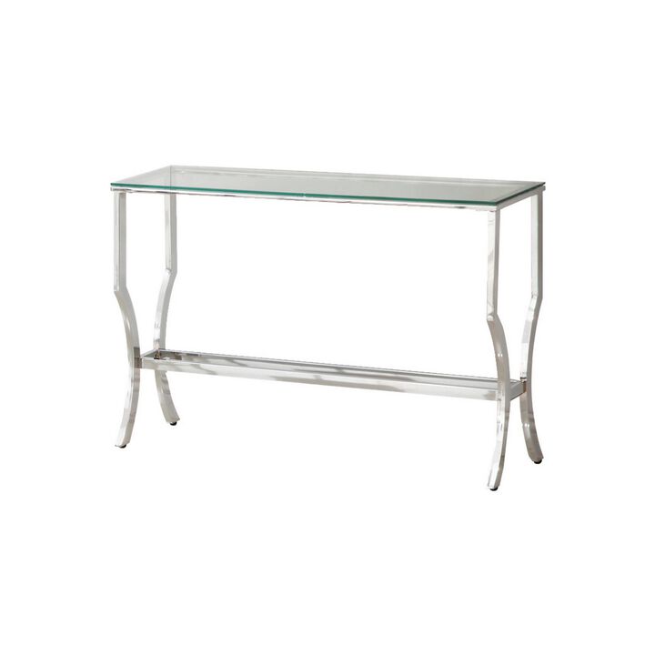Glass Top Sofa Table with Metal Frame and Mirror Shelf, Chrome-Benzara