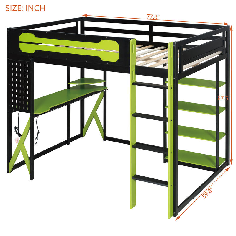 Merax Full Size Wood Loft Bed with Desk, Shelves, Power Outlet image number 4