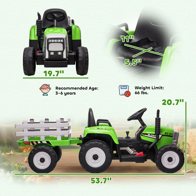 BreeBe 12V Electric Ride on Tractor with Trailer, 25W Dual Motors image number 2