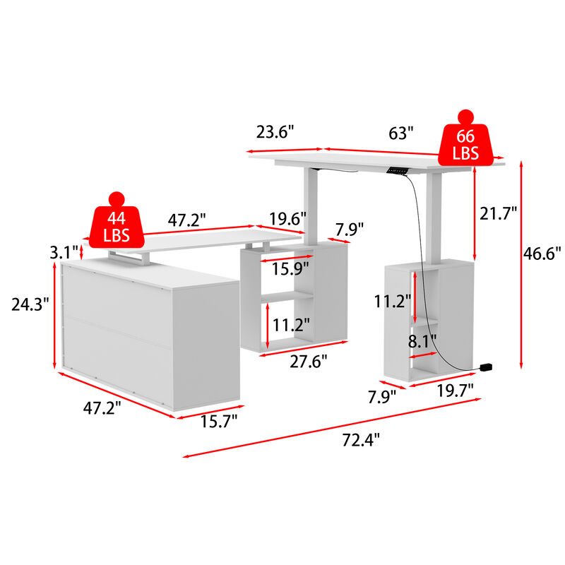 FUFU&GAGA 63-in White Modern/Contemporary L-shaped Desk Hutch Included,(72.4" W x 47.2" D x 46.6" H), White