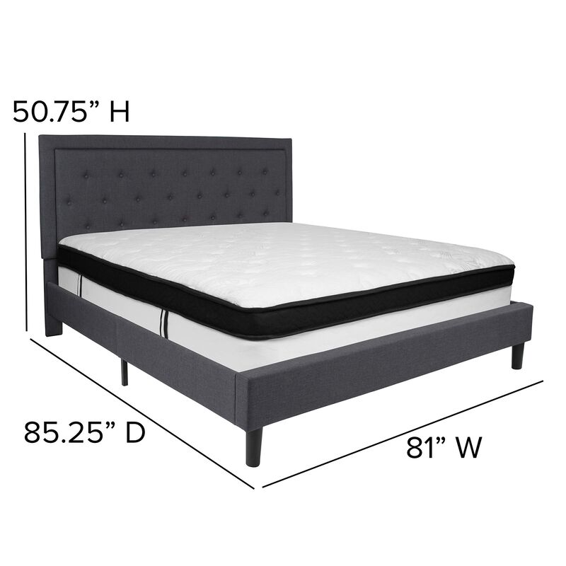 Roxbury King Size Tufted Upholstered Platform Bed in Dark Gray Fabric with Memory Foam Mattress