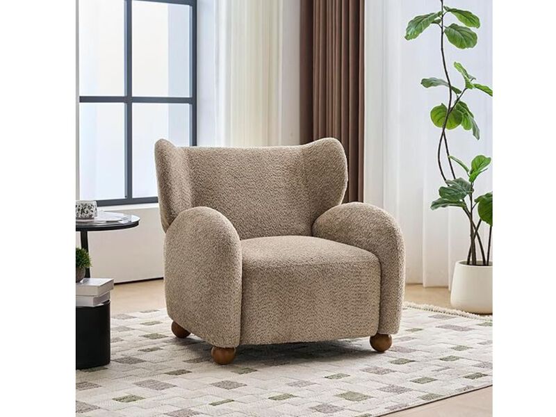 Accent Chair &ndash; Light Brown Boucle Wingback Armchair with Cushion & Walnut Frame image number 2