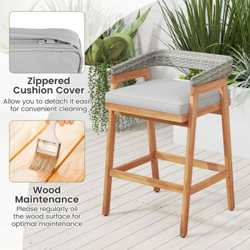Hivvago Set of 2 Patio Acacia Wood Counter Height Bar Stools with Cushions and PE Wicker Backrests Footrests