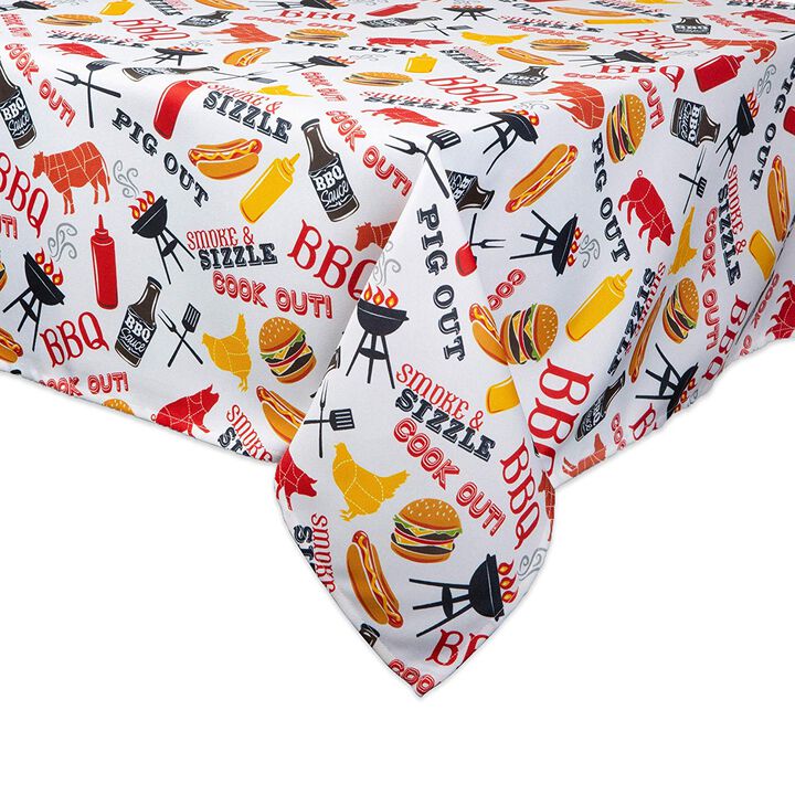 84" White and Yellow Barbeque Themed Rectangular Outdoor Tablecloth with Zipping