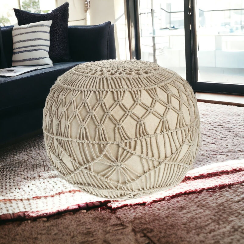 Tufted Cotton Round Pouf Ottoman – Decorative Geometric Accent Seat
