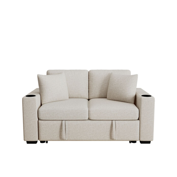 Merax Convertible Chenille Sofa Bed with USB Ports & Cup Holders