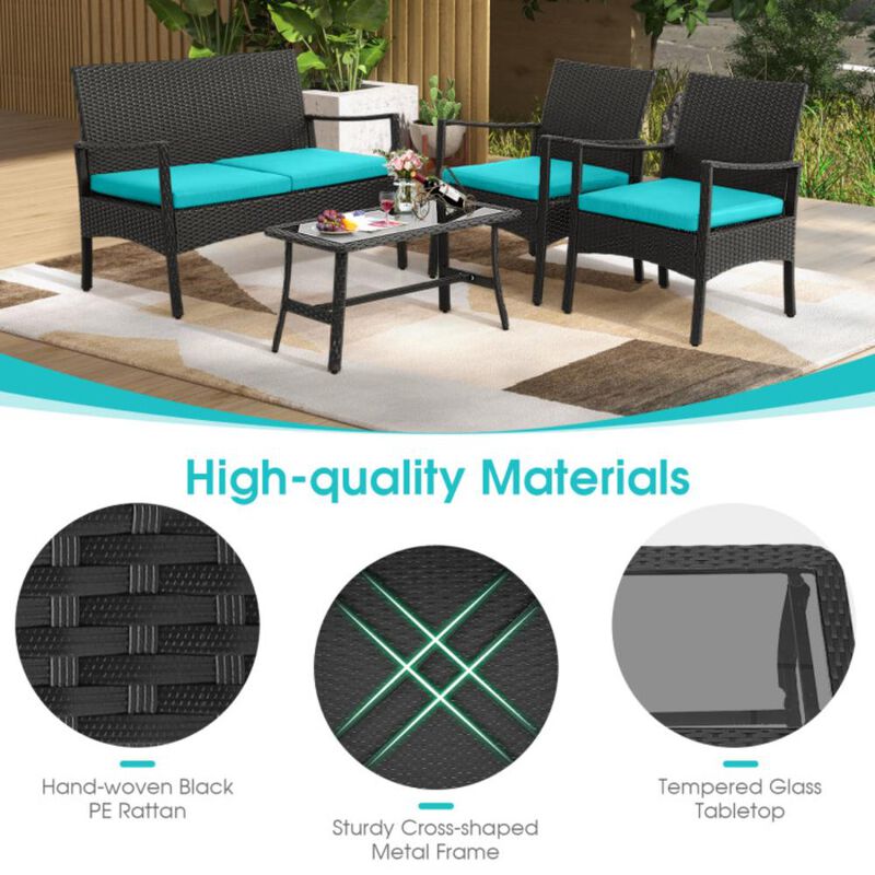 Hivvago 4 Pieces Outdoor Rattan Conversation Set with Tempered Glass Coffee Table