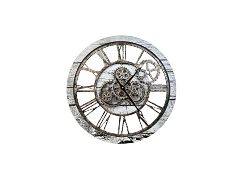 Style Gray White Moving Gear Vintage Wall Clock 24 Inch Wood Living Room Decor