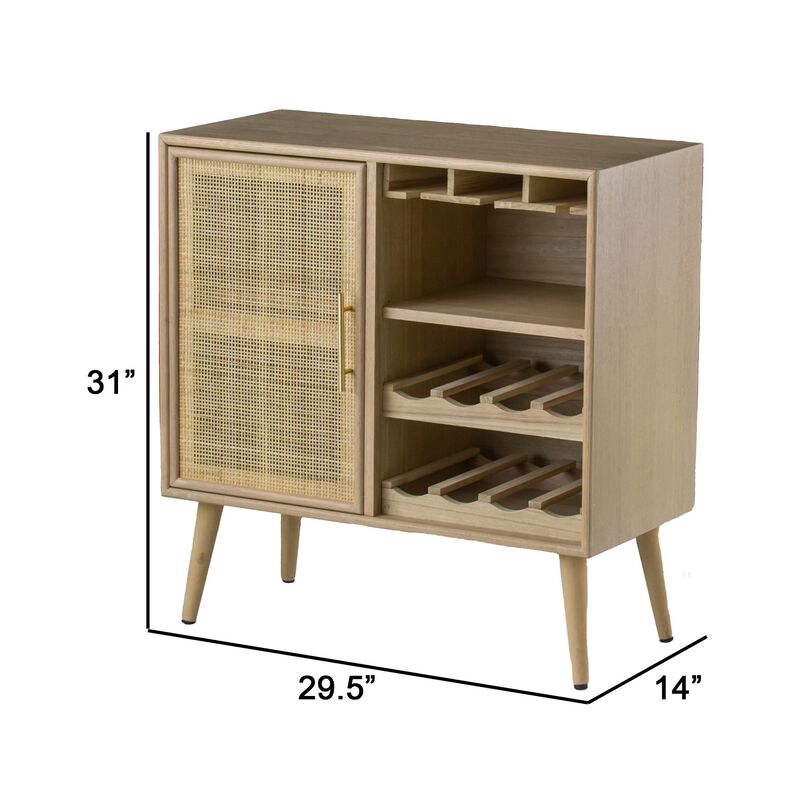 Dana 31 Inch Wood Wine Cabinet, 2 Shelves, Glass Hanger, Rattan Door, Brown-Benzara
