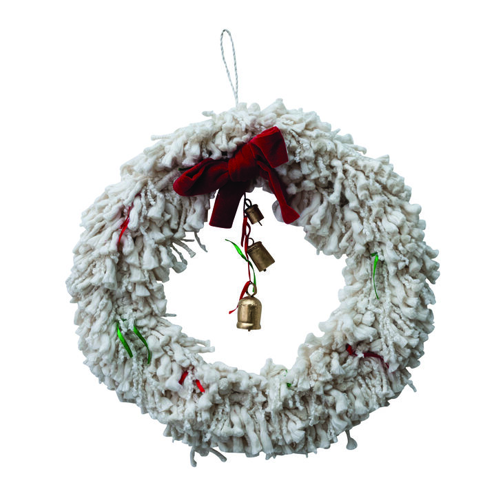 Handmade Cotton Blend Yarn Wreath with Red Bow, Red and Green Ribbons and Metal Bells, ivory