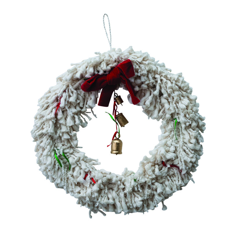Handmade Cotton Blend Yarn Wreath with Red Bow, Red and Green Ribbons and Metal Bells, ivory image number 0