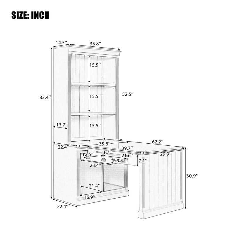 Whisen 83.4" Bookcase with Writing Desk, Modern Bookcase with Storage Shelves, Solid Wood & MDF for Home Office image number 9