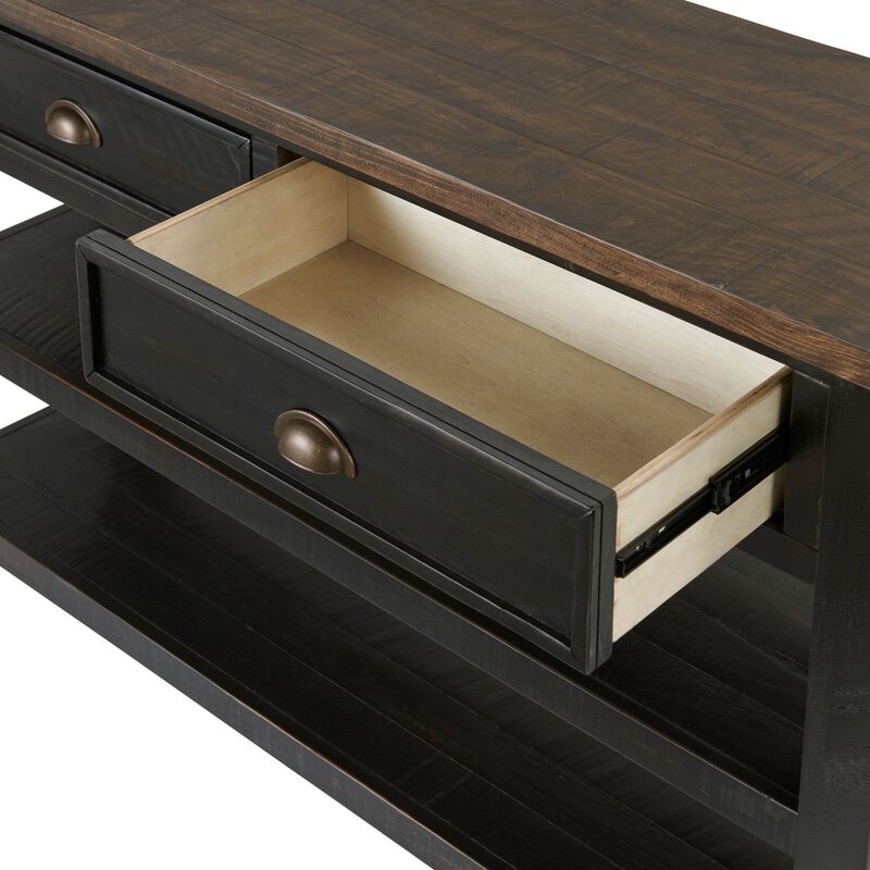 Fiya 50 Inch Coastal Sofa Console Table, 2 Drawers, 2 Shelves, Brown, Black-Benzara