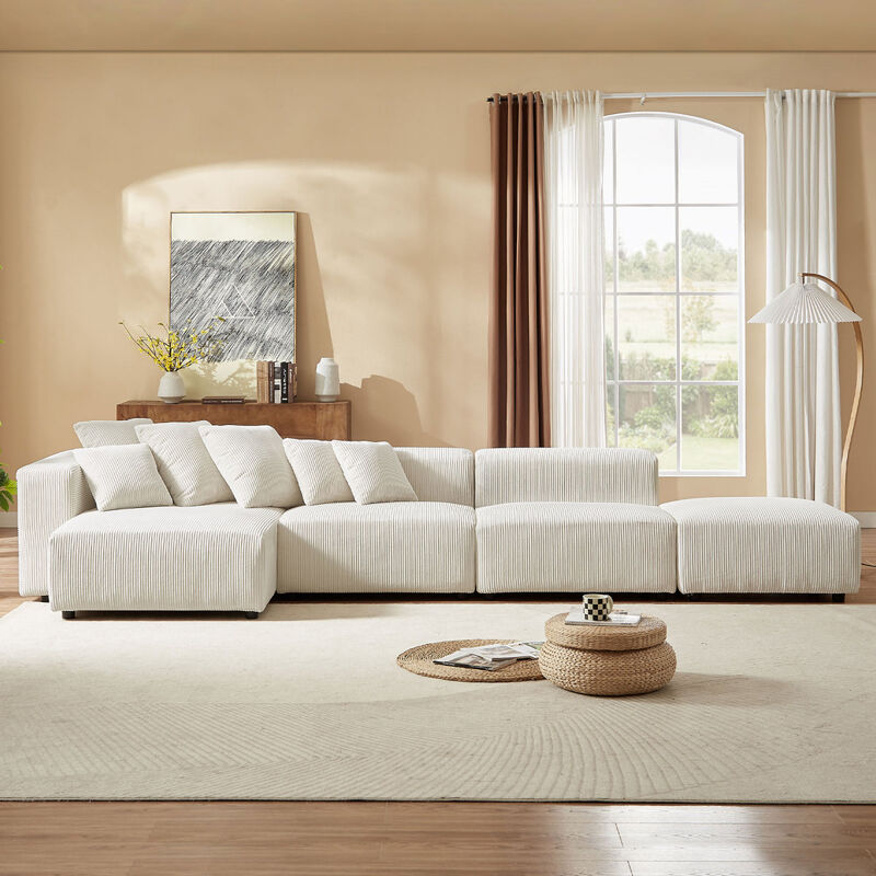 Soft Corduroy Sectional Modular Sofa 4 Piece Set, Small L-Shaped Chaise Couch for Living Room, Apartment, Office, Beige