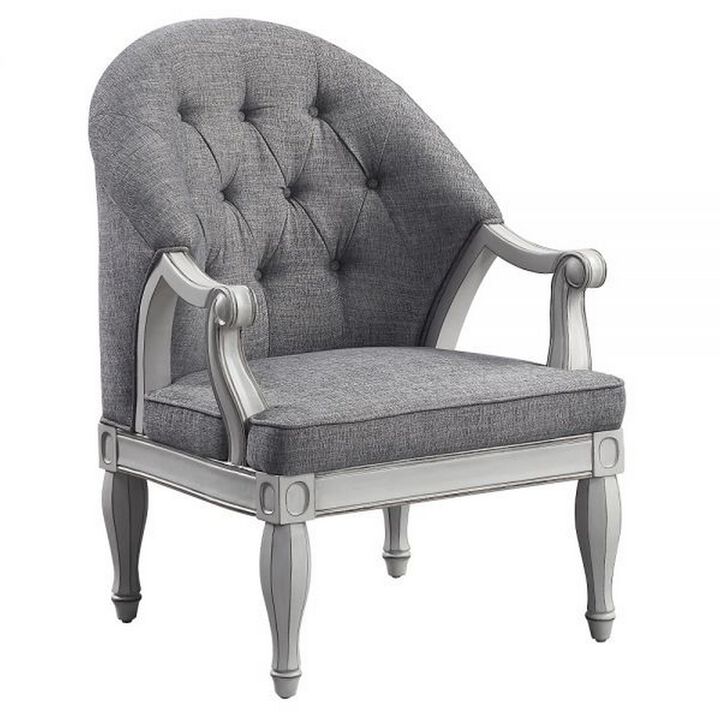 Fil 32 Inch Armchair, Tufted Backrest, Fabric Upholstery, Poplar Wood, Gray - Benzara