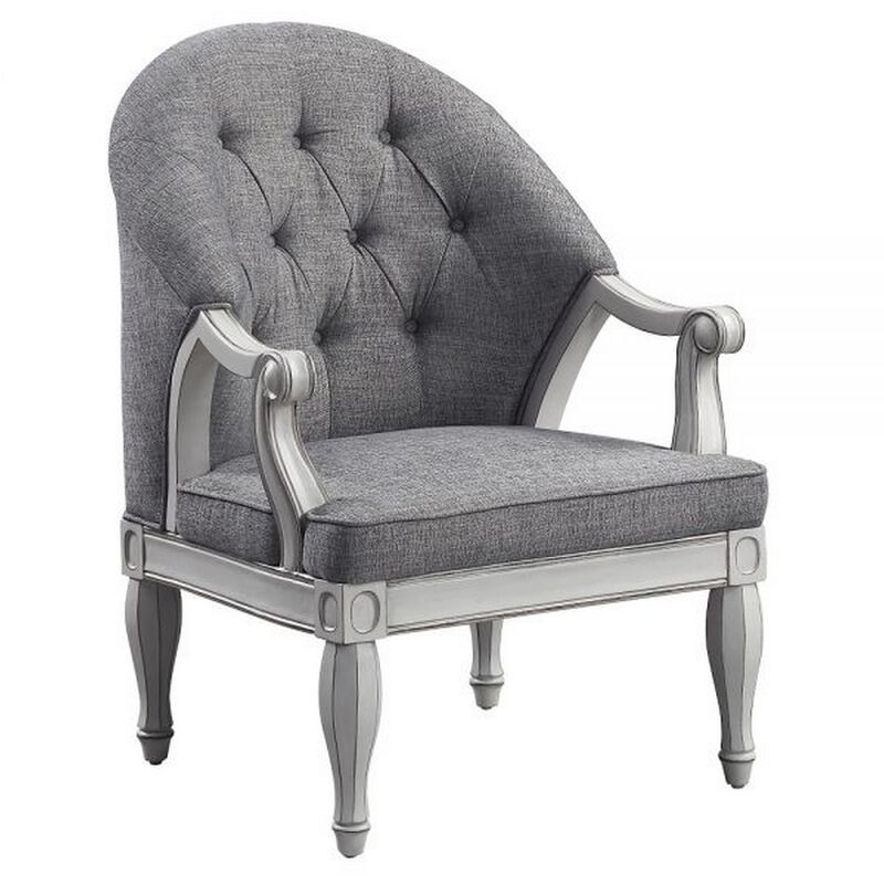 Fil 32 Inch Armchair, Tufted Backrest, Fabric Upholstery, Poplar Wood, Gray