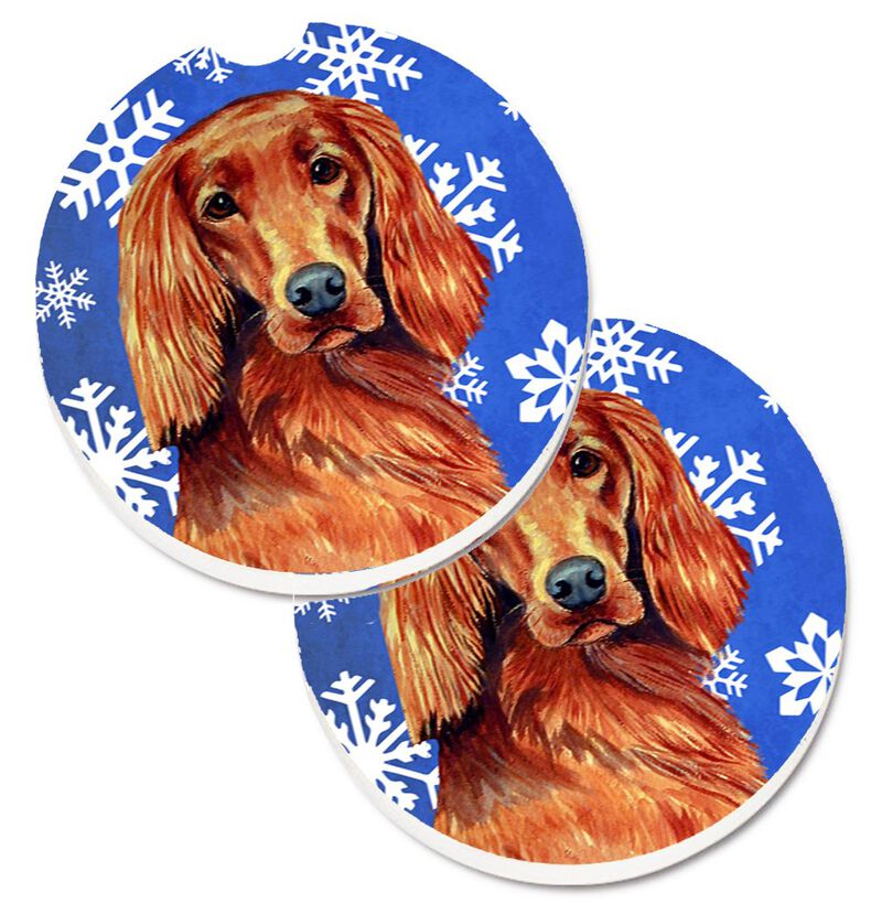 Caroline's Treasures Irish Setter Winter Snowflakes Holiday Set of 2 Cup Holder Car Coasters LH9299CARC, 2.56, Multicolor image number 0