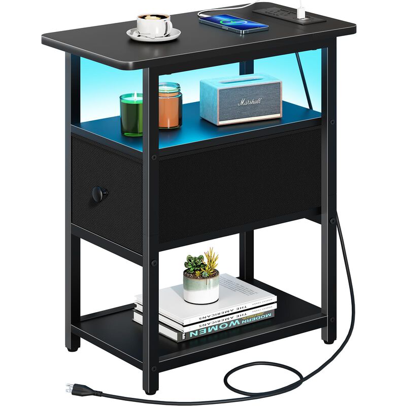 Yoobure Narrow Side Table, LED End Table with Charging Station, 3-Tier End Tables Living Room with Adjustable Fabric Drawer, Sma