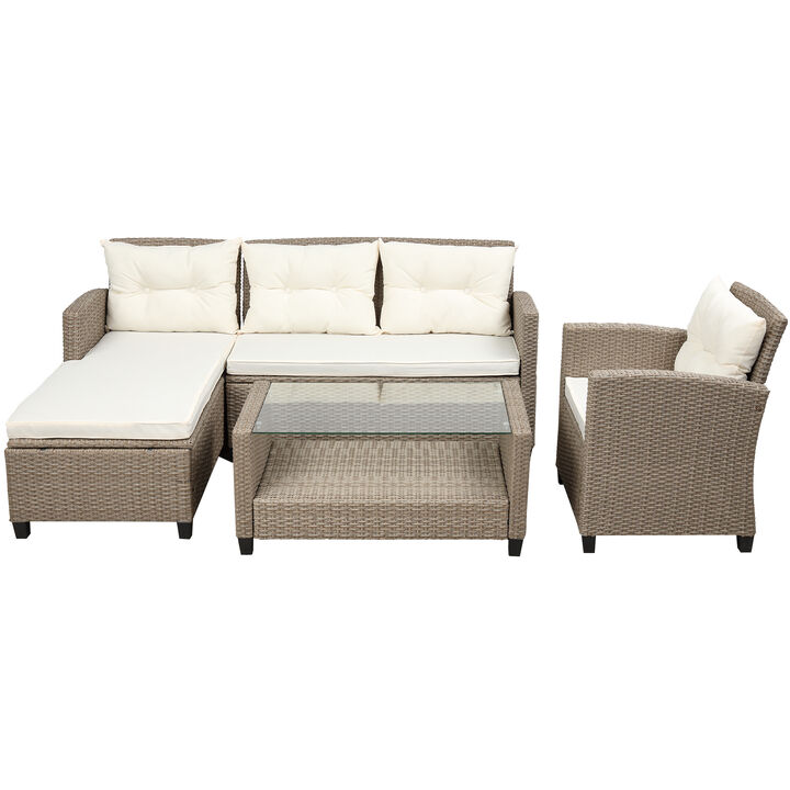 Patio Furniture Sets, 4 Piece Conversation Set Wicker Ratten Sectional Sofa with Seat Cushions