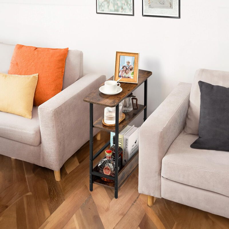 Narrow Side Table for Small Spaces, 3-Tier Small End Table with Storage Shelf and Magazine Holder, Slim and Skinny Nightstand fo