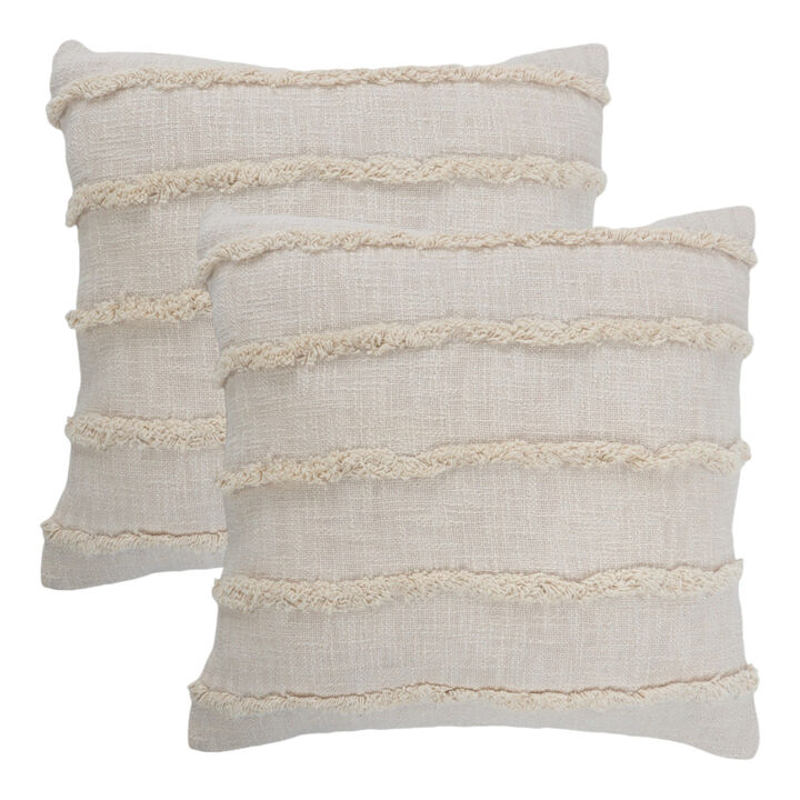 HomeRoots Set of Two Beige Ribbed Cotton Throw Pillow With Fringe