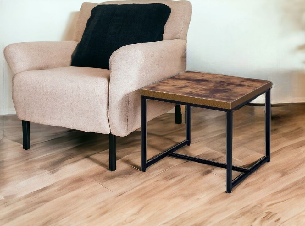 Square Wood and Metal Side Table with Open Shelf, Modern Industrial Design