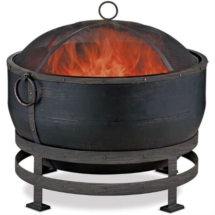 QuikFurn Heavy Duty Steel Cauldron Wood Burning Fire Pit with Spark Screen and Stand