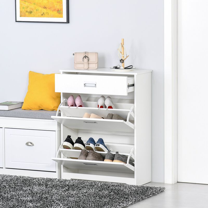 White Entryway Storage: 3-Drawer Shoe Cabinet with Flip Doors
