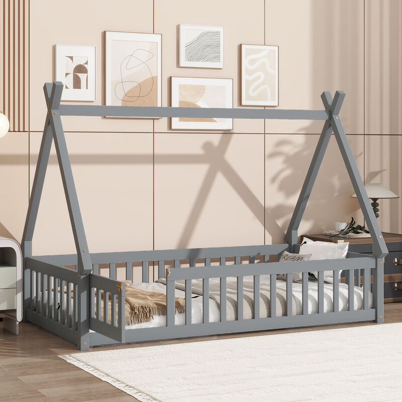Whisen Wooden Teepee Tent Bed with Guardrails and Slats, Twin Floor Bed with Door for Kids image number 2