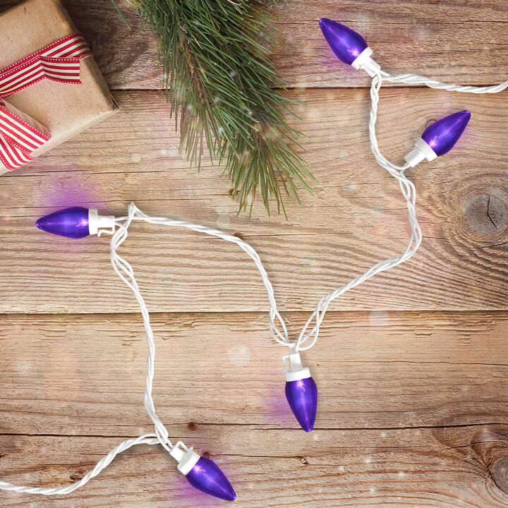 25 Count Purple LED C7 Christmas Lights  16 ft White Wire
