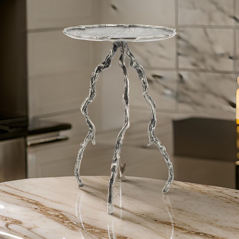 24 Inch Accent Table, Aluminum Metal Branch Tripod Legs, Antique Silver