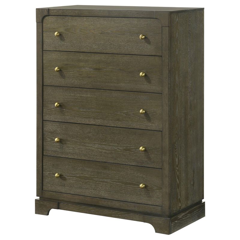 Seon Tall Dresser Chest, 5 Drawers with Brass Knobs, Dark Cocoa Brown - Benzara