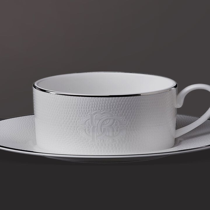 Tea Cup & Saucer LIZARD PLATIN Set of 2 in Luxury Box diam. 3.3", H 2.3", cap. 7.5 oz, Saucer diam. 6"
